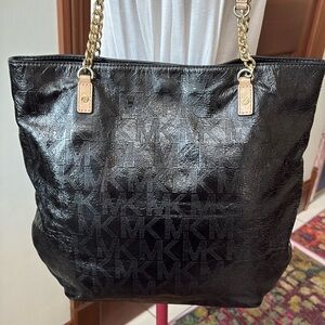 Michael Kors  shoulder bag  signature monogram leather black/Chain detail tan st
